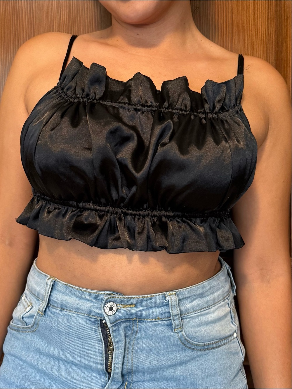 Black Ruffled Satin Crop Top - Women